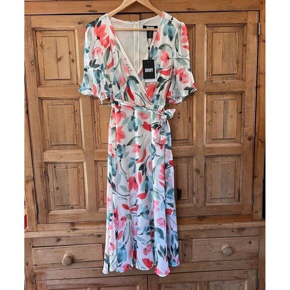 NWT DKNY 2 Midi Dress White Blue Pink Floral‎ Belted Midi Length - Picture 2 of 6